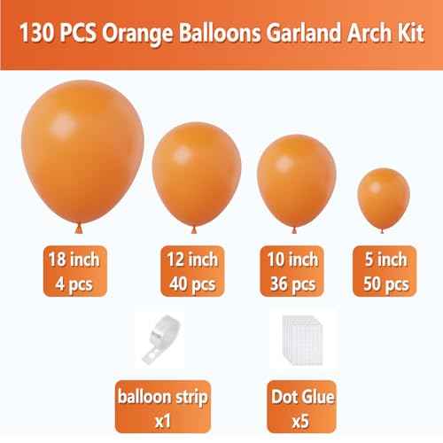 Orange Balloons Garland Arch Kit,130pcs Premium Latex Balloons,18 12 10 5 Inch Matte Orange Balloons Garland for Birthday Graduation Baby Shower Halloween Christmas Wedding Party Decorations