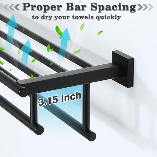 Double Towel Rack Wall Mount 24 Inch Matte Black Stainless Steel Bathroom Storage