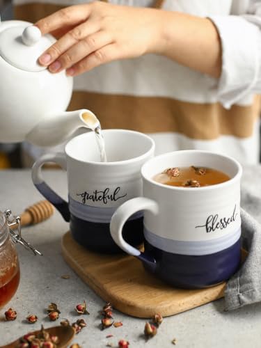 Blue DOWAN 20oz Large Coffee Mug with 'Blessed & Grateful' Word Print - Set of 2, Porcelain Gift for Mom Dad