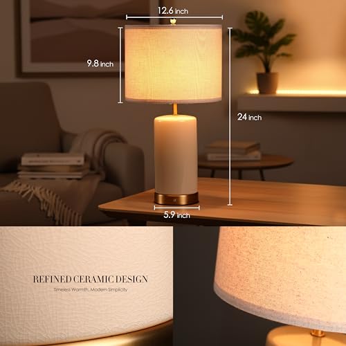 Rechargeable 24-Inch Ceramic Table Lamp with Dimming - Cream White