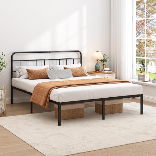 King Bed Frame with Classic Headboard - 12 Inch Support, Black