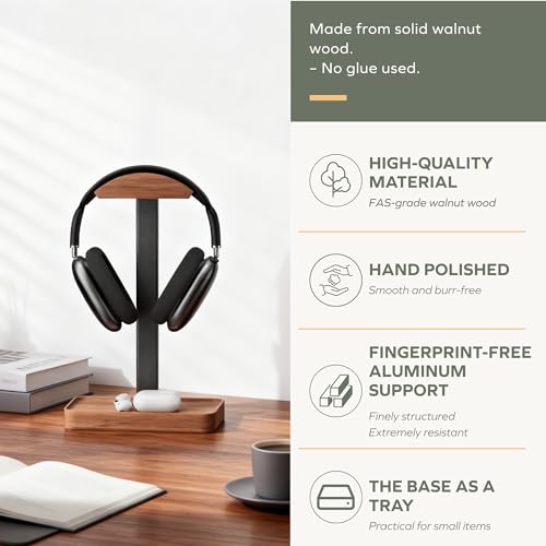 Walnut Wood Headphone Stand with Storage Base - Premium Solid Construction