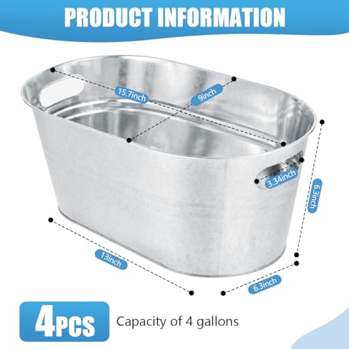 OBTANIM 4 Pack Galvanized Ice Buckets - 4 Gallon Metal Champagne Drink Coolers with Handles, Silver