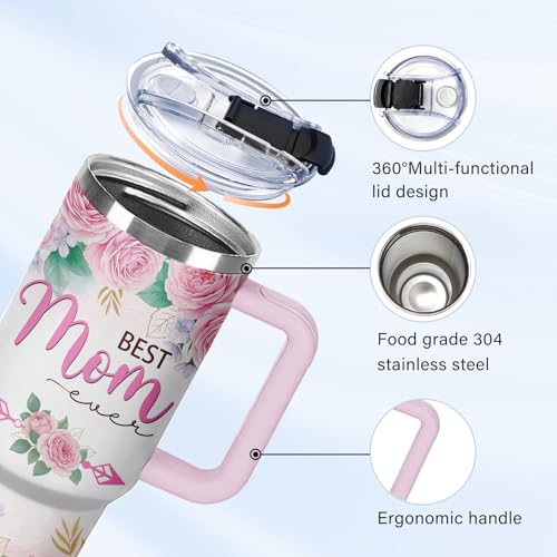 HYMONA Best Mom Tumbler 40oz with Handle #1 Mom Gift, Insulated Travel Mug