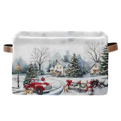 Christmas Tree Red Truck Basket - Merry Christmas Storage Bin Collapsible - Xmas Winter Snowman Snowflake Golden Retriever Dog Basket - Xmas Large Baskets for Kids Clothes, Gifts, Books, Toys