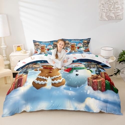 Manfei Blue Brown King Size Kids Bedding Set Gingerbread Snowman Christmas Quilt Cover