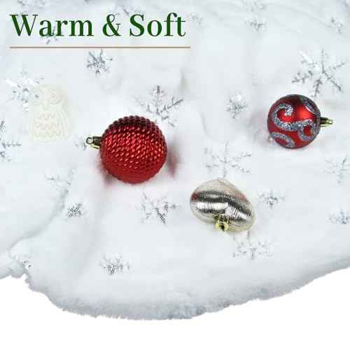Christmas Tree Skirt 30 Inches Double Layers Silver Sequin Embroidered Snowflakes Tree Skirt White Luxury Faux Fur Christmas Decorations Holiday Party Decoration