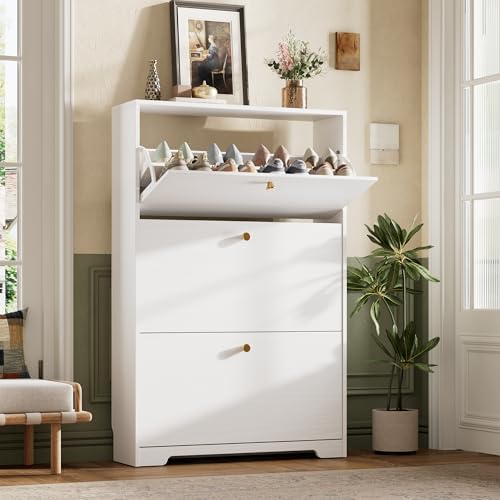 Nicetree White Shoe Cabinet with 3 Flip Drawers Narrow Shoe Organizer Modern Storage