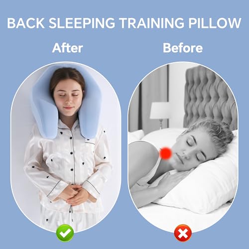 Back Sleeping Training Pillow with Memory Foam & Adjustable Height - Neck & Shoulder Support, 2 Washable Covers, Blue