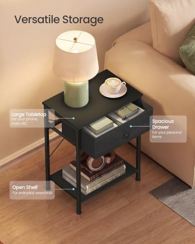 SONGMICS Black Nightstand with Fabric Drawer - Small Narrow End Table Set of 2