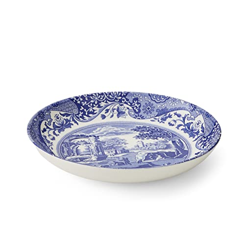 Blue Italian Pasta Bowls Set of 4 - 9 Inch Earthenware Serving Dishes with Oriental Border