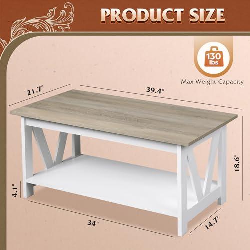 WLIVE 39.4-Inch Farmhouse Coffee Table with Storage Shelf - White, Variation of White / 39.4"