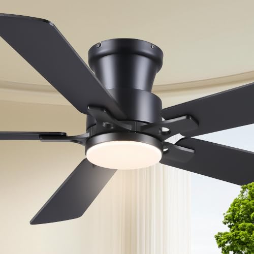 JSAITEE 52in Black Flush Mount Ceiling Fan with Remote & Dimmable LED Light