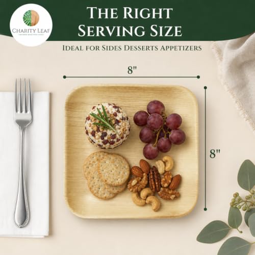 Charity Leaf 8-Inch Square Disposable Bamboo Plates - 50 Pack, Eco-Friendly & Heavy Duty