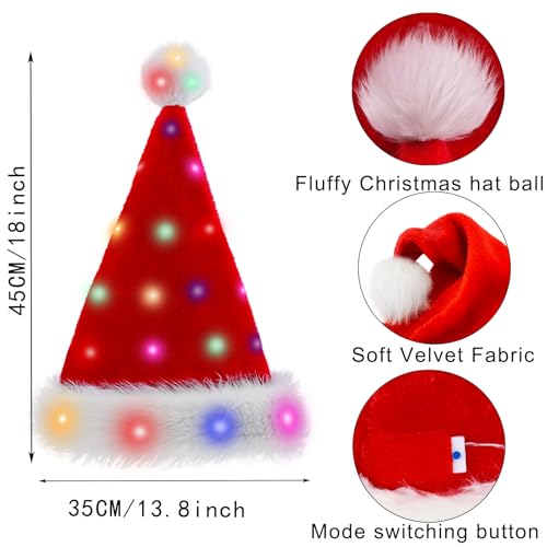 Light Up Christmas Santa Hat,Red Velvet Xmas Costume Hats for Adult Women Men Party Holiday Unisex New Year Festive Headwear
