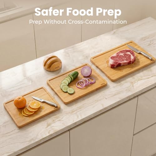 SMIRLY Natural Bamboo 4-Piece Cutting Board Set with Stand - Non-Toxic Kitchen Utensils