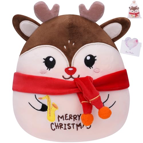 Merry Christmas Elk Plush Toy - Deer Stuffed Decor with Saxophone, Festive Embroidery, Holiday Surprise Gift and Cuddly Elk Pillow for Kids, 8 Inch