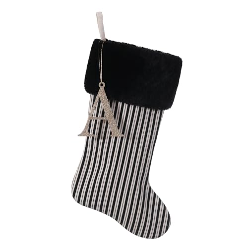 20 Inch Black Vertical Stripe Christmas Stocking with Gold Wooden Initial, Personalized Holiday Decor