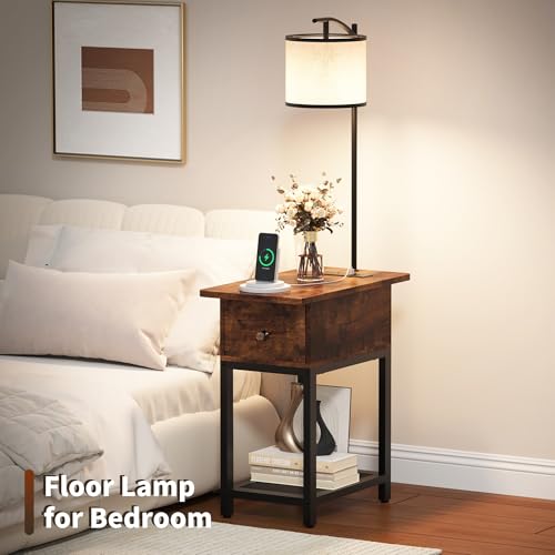 Runjuly Floor Lamp with Table & Charging Station - Rustic Brown, 1 Variation