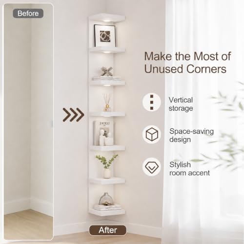 TFK 7 Tier White Floating Wall Shelf with LED Lights - Tall Display Storage