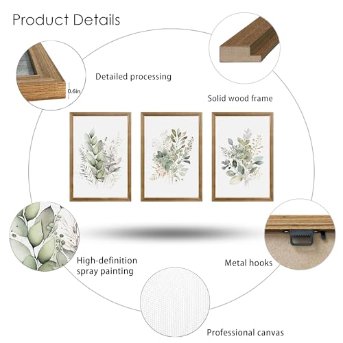 Sage Green Botanical Wall Art Set of 3 - Framed Watercolor Eucalyptus Canvas Prints - 16x12 Inches