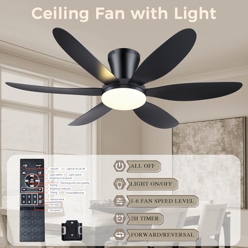 42-Inch Ceiling Fan with Lights - Black Low Profile Flush Mount Remotely Controlled