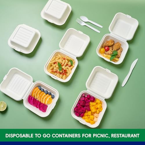 White 6-Inch Sugarcane To-Go Food Containers - 1-Compartment Clamshell, Eco-Friendly, Leak-Proof, 200 Pack
