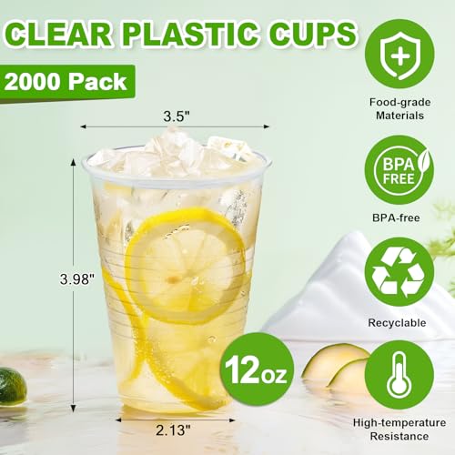 SIUQ 2000 Pack 12 oz Clear Plastic Cups, Bulk Disposable Water Cups