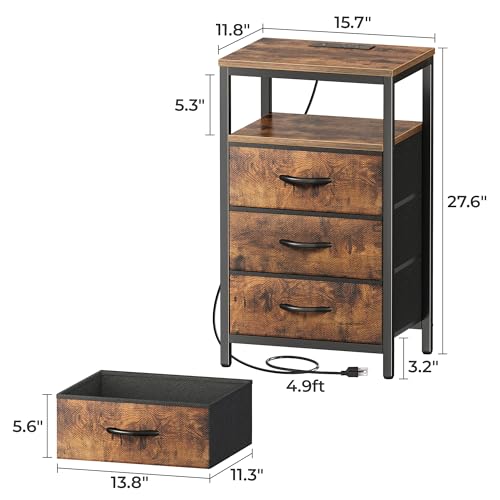 Huuger Rustic Brown Nightstands Set of 2 with Charging Station - 27.6 Inch Tall, 3 Drawers