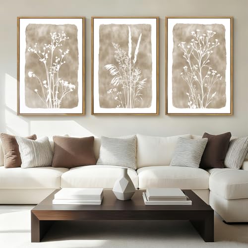 ANHUIB Beige Floral Canvas Wall Art Set of 3 16x24 Inches Framed Botanical Decor for Living Room Bedroom Office Variation: 24"L x 16"W