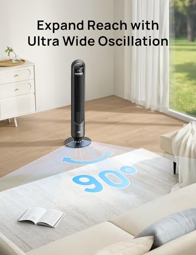DREO Black Tower Fan for Bedroom & Room Cooling, 4 Speeds, 90° Oscillation, Remote & App Control