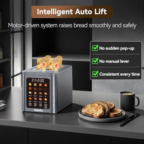 Mecity 2 Slot Smart Touchscreen Toaster - Brushed Stainless Steel Gray, Wide Slot, Auto Lift & Memory Function