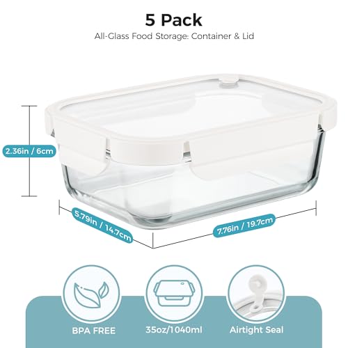 Glass Food Storage Containers with Glass Lids & Air Vent - 5 Pack, 35oz, White