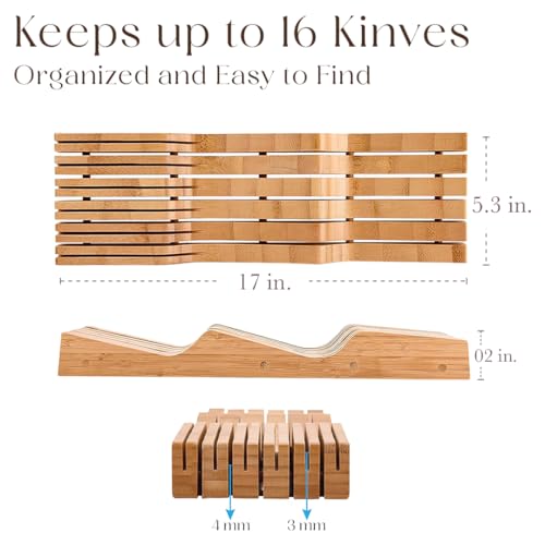 In-Drawer Bamboo Knife Organizer with 16 Slots - Kitchen Drawer Storage