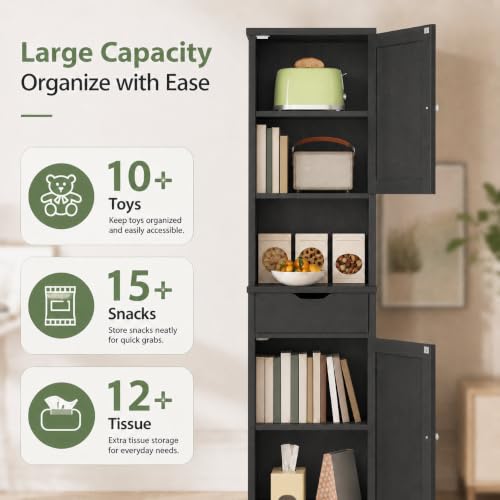 Tall Bathroom Storage Cabinet with 6 Adjustable Shelves - Black, 1 Drawer - Walsunny