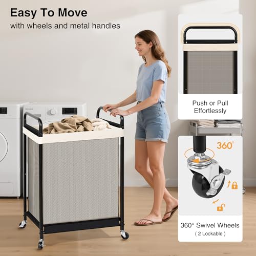 Large Laundry Hamper with Lockable Wheels, Removable Canvas Liner, Metal Frame