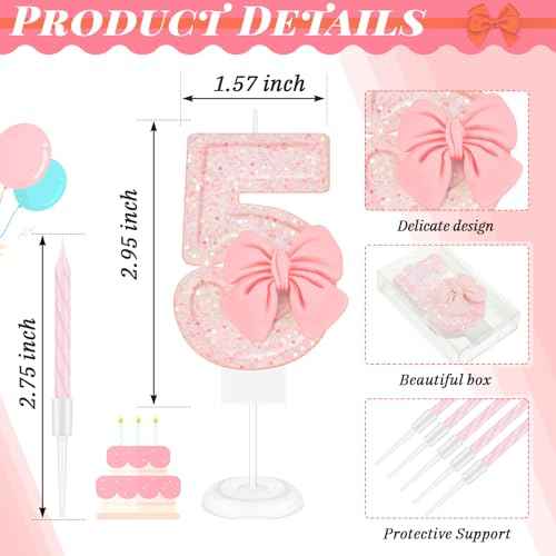 MTLEE 5th Number Birthday Candle Girls Pink Bow Glitter Happy Birthday Number Cake Topper with 10 Long Thin Spiral Cupcake Candle Bowknot Cake Decorations for Wedding Anniversary Princess Theme Party
