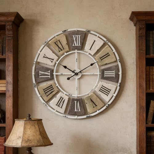 Elegant Scale 32-Inch Distressed Metal Wall Clock with Roman Numerals – Farmhouse Decor