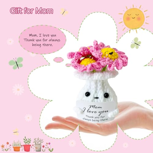 I Love You Mom Crochet Flower Gift with Thank You Card - Handmade Mom Decor