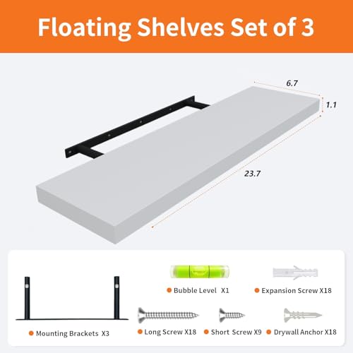White Floating Shelves Set of 3 - 24 Inch Wall Storage & Display Shelves