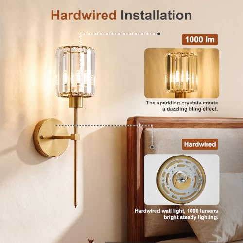 Brass Wall Sconce Set of 2 with Cylindrical Crystal Shade - Dimmable LED, 20.1 Inch