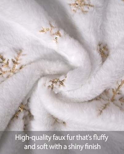 Tihulek 36-Inch White Faux Fur Christmas Tree Skirt with Gold Sequin Snowflakes - Perfect for 4-6FT Trees