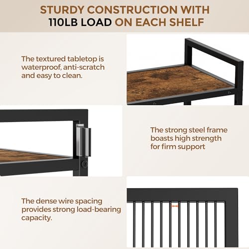 XIVIRACK Brown 3-Tier Metal Storage Rack with Wooden Top & Wheels, Adjustable Shelves, 31.5" Wide