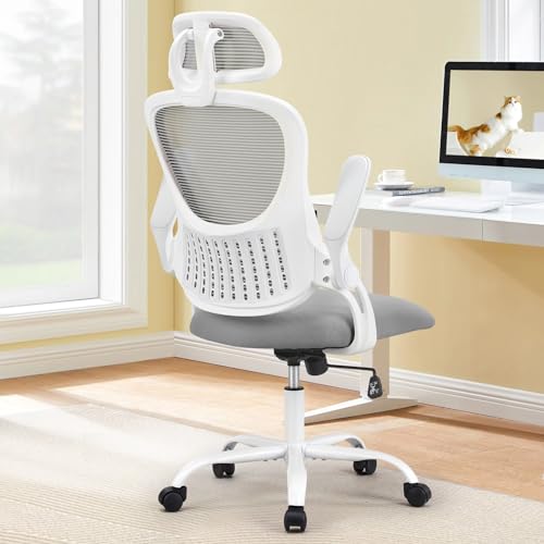 Mesh Office Desk Chair with Lumbar Support & Flip-up Armrest - Grey