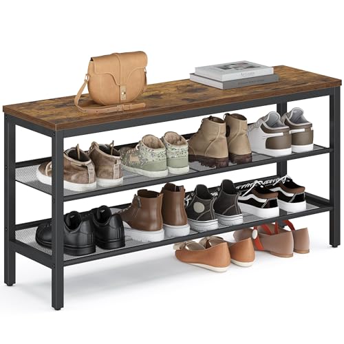 VASAGLE Rustic Brown & Matte Black 3-Tier Shoe Rack Bench with Raised Edges