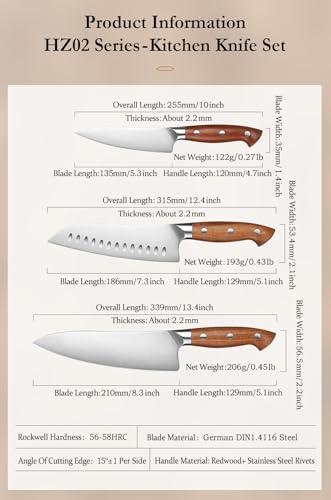 HEZHEN 3-Piece Chef Knife Set, High Carbon Stainless Steel, Full Tang Handles