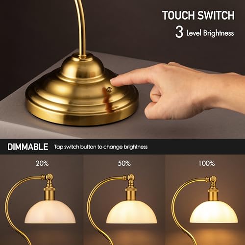 O'Bright Cordless LED Table Lamp Antique Brass-White Glass, Rechargeable, 3-Level Dimming