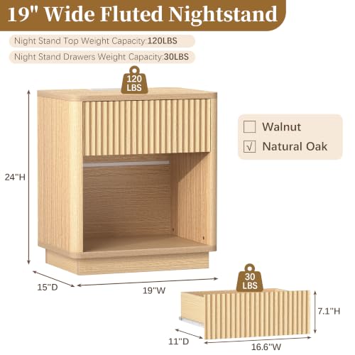Oak Fluted Nightstand with Charging Station, 1 Drawer - Mid Century Modern Bedroom Furniture