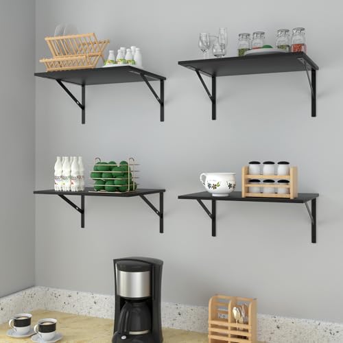 Housiture Black Floating Wall Shelves Set of 4 - 12 Inch Deep, Easy Install for Bathroom, Bedroom, Kitchen, Living Room