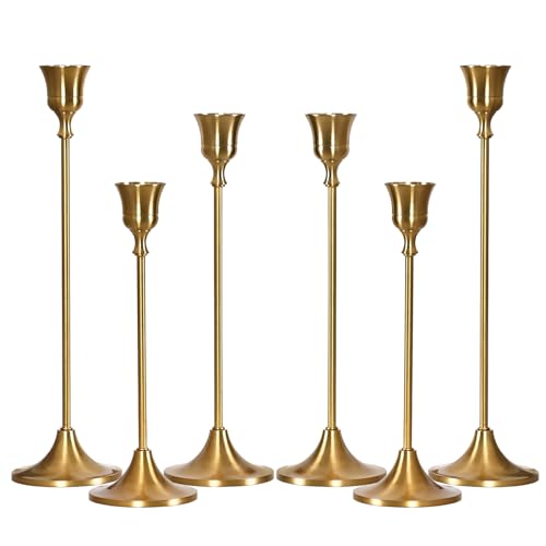 MENONEE ZT05 Brass Gold 6-Piece Candlestick Set - Taper Candle Holders for Mantel & Table Centerpieces